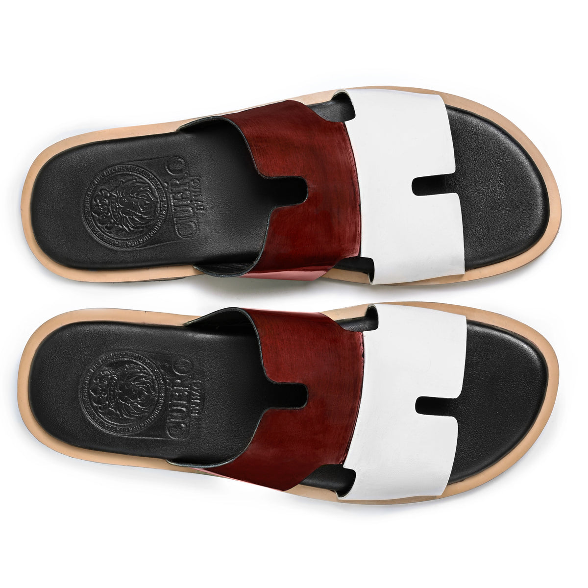 Top view of Diwan mehrun patina and white leather slippers for men from the Qadam Collection by Cuero by HAC