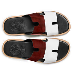 Top view of Diwan mehrun patina and white leather slippers for men from the Qadam Collection by Cuero by HAC