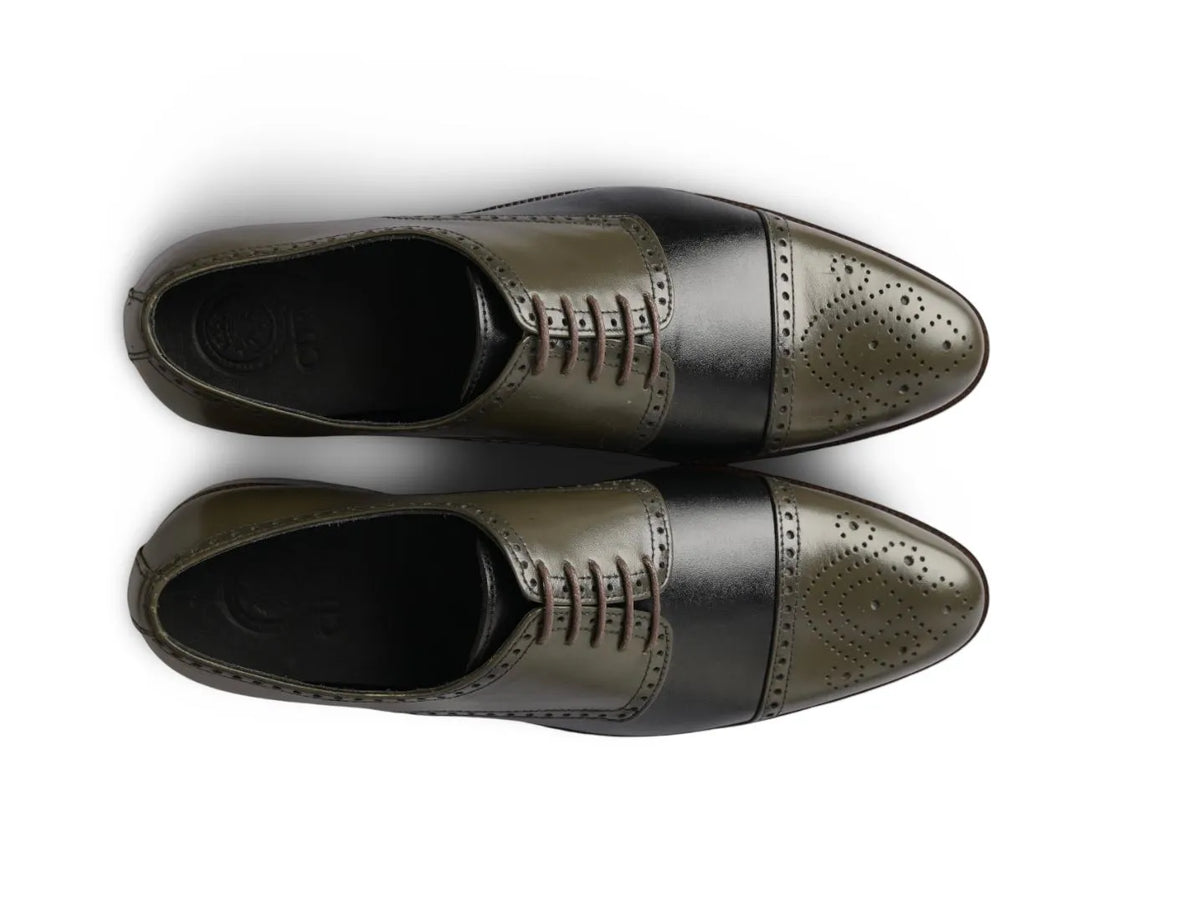 Top angled view of Ducaro wingtip lace-up shoes showing brogue perforation, lace structure, and premium leather craftsmanship