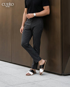 Dujan Black White premium leather slides for men in minimalist luxury aesthetic