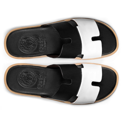 Top view of Dujan black and white leather slippers for men from the Qadam Collection by Cuero by HAC
