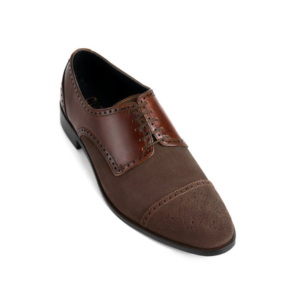 Front angled detail view of Duke’s Plush lace-up oxford shoes highlighting toe design, stitching work, and premium two-tone suede and leather finish