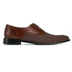 Angled profile view of Duke’s Plush lace-up oxford shoes showcasing suede and polished leather contrast with refined lace closure and elegant silhouette