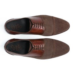Top view of Duke’s Plush lace-up oxford shoes showing symmetrical two-tone suede and leather design with clean finishing and refined craftsmanship