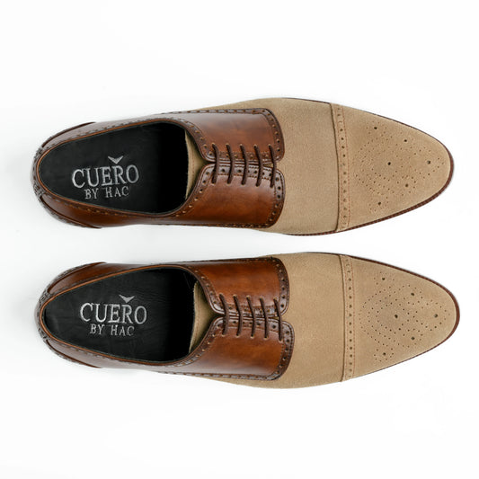 Top view of Duke’s Prestige Oxford shoes showing lace-up structure, cap-toe design, and two-tone suede leather finish