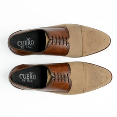 Top view of Duke’s Prestige Oxford shoes showing lace-up structure, cap-toe design, and two-tone suede leather finish