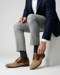 Duke’s Prestige Oxford shoes styled with formal outfit showcasing tan suede and brown leather elegant design