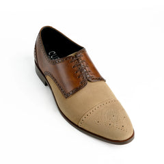 Close-up detail of tan suede and brown leather texture on Duke’s Prestige Oxford shoes highlighting craftsmanship