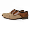 Duke’s Prestige Oxford tan suede and brown leather cap-toe shoes in premium studio product shot