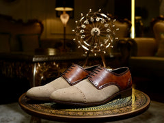 Duke’s Prestige Oxford tan suede and brown leather cap-toe shoes
