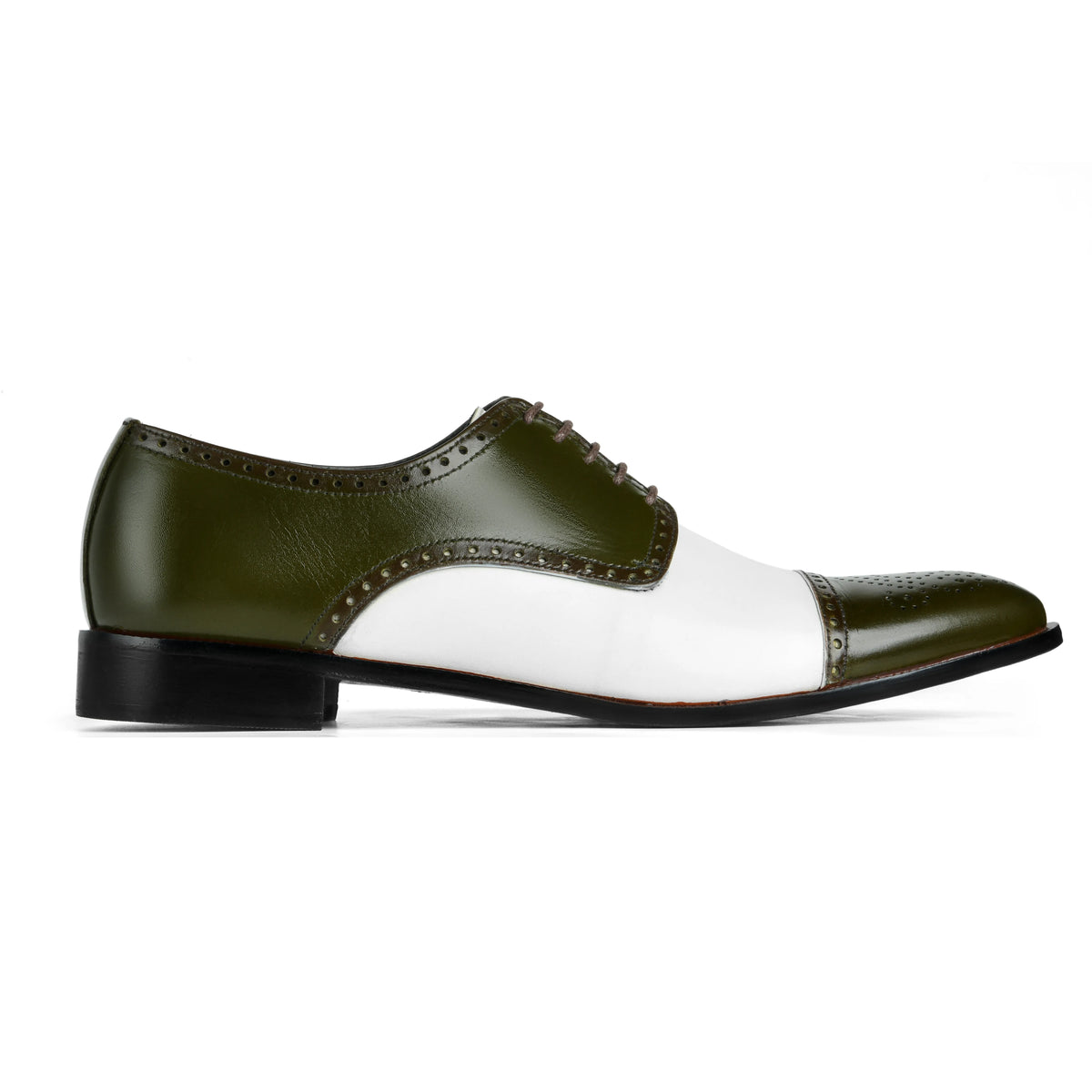 Side profile of Ebony and Ivory brogue shoes showing green suede upper and white contrast detailing with formal silhouette