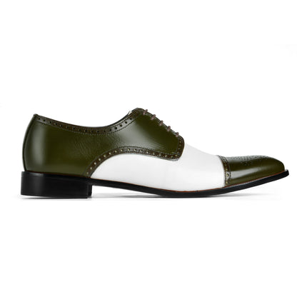 Side profile of Ebony and Ivory brogue shoes showing green suede upper and white contrast detailing with formal silhouette