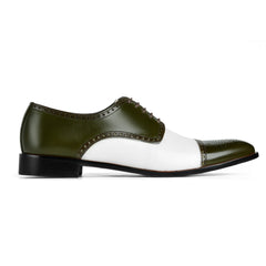 Side profile of Ebony and Ivory brogue shoes showing green suede upper and white contrast detailing with formal silhouette