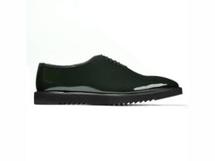 Side profile view of Elroy green glossy lace-up shoes with chunky sole highlighting premium craftsmanship and modern formal silhouette