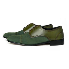 HAC’s Plush Lace Up two-tone green suede and leather oxford shoes in studio product shot