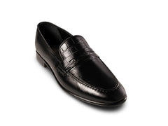 Hudson black leather loafers for men front angled view showcasing uniquely handcrafted elegance, premium finish, and formal luxury design