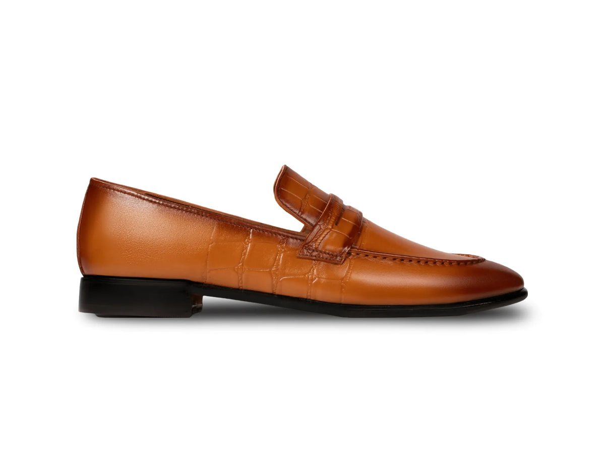 Side profile of Hudson mustard leather loafers highlighting sleek silhouette, smooth leather finish, and refined craftsmanship
