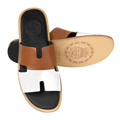 Illan mustard leather slippers showing Cuero by HAC embossed footbed and natural leather outsole