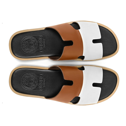 Top view of Illan mustard and white leather slippers for men showing the Qadam cutwork strap design