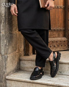 Khyber 01 Jet Black Weave luxury Peshawari chappal styled with traditional menswear