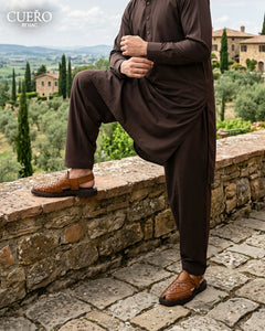 Khyber 02 Tobacco Honey Patina luxury Peshawari chappal styled with heritage menswear