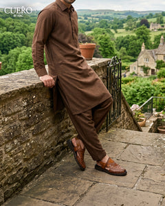 Luxury tobacco brown woven leather Peshawari sandal styled for formal eastern wear