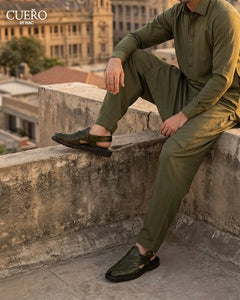 Khyber 03 Olive Patina Weave luxury Peshawari chappal styled with traditional menswear