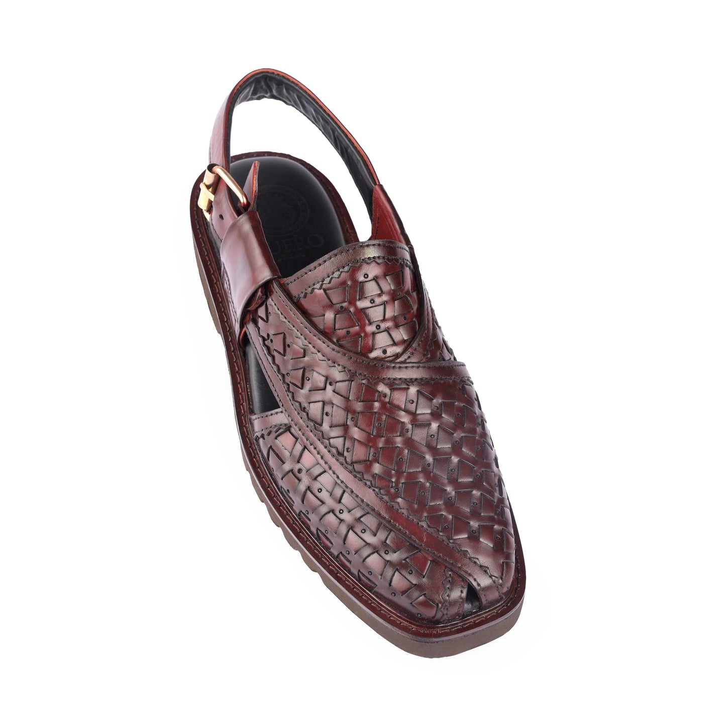 Angled view of Khyber 11 Burgundy basket-weave leather Peshawari sandal for men