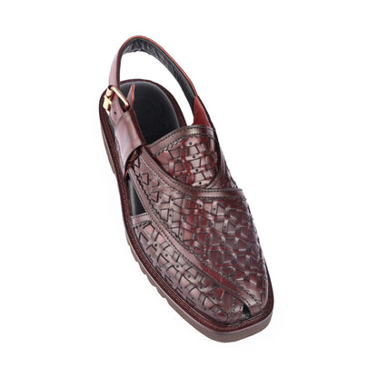 Angled view of Khyber 11 Burgundy basket-weave leather Peshawari sandal for men