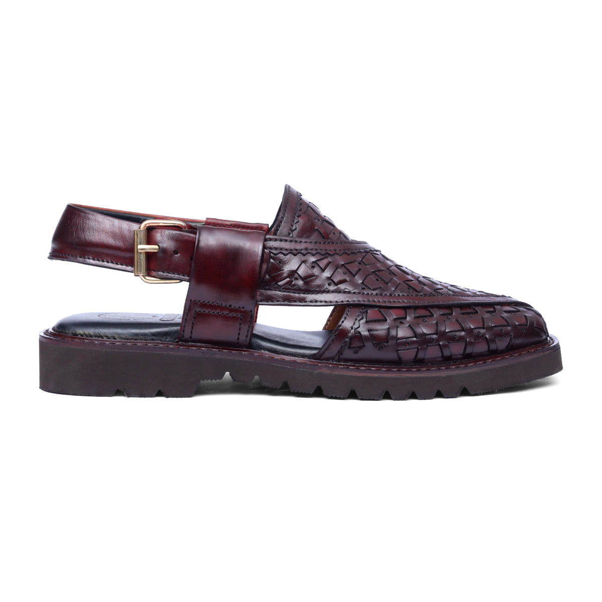 Side view of Khyber 11 Burgundy woven leather Peshawari sandal with adjustable buckle strap