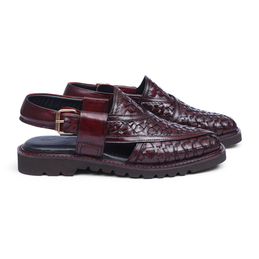 Pair of Khyber 11 Noble Line Weave Burgundy leather Peshawari sandals with handcrafted woven upper