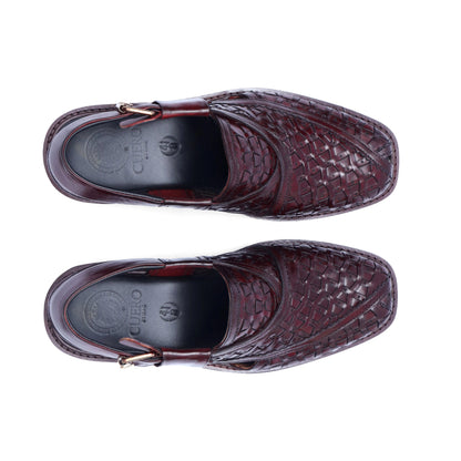 Top view of Khyber 11 Burgundy Peshawari sandals showing basket-weave leather pattern and square toe
