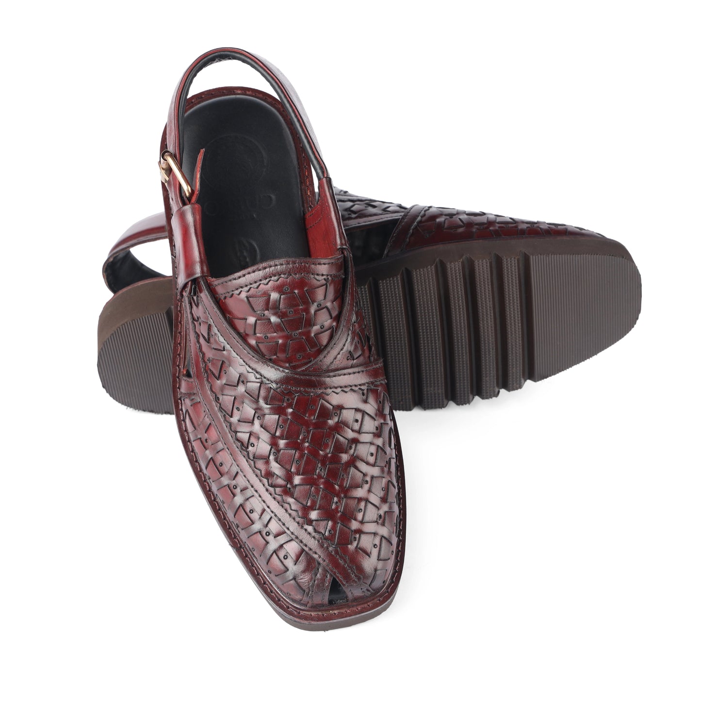 Khyber 11 Burgundy woven leather Peshawari sandals showing detailed upper and durable tread outsole
