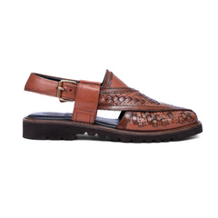 Side view of Khyber 12 Burnished Cognac leather Peshawari sandal with woven detailing and buckle strap