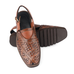 Khyber 12 Burnished Cognac woven Peshawari sandals showing leather upper and durable tread outsole