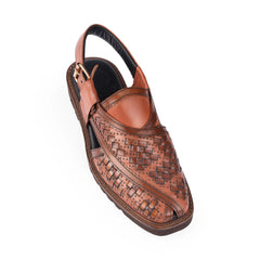 Angled view of Khyber 12 Burnished Cognac Weave Leather Peshawari sandal for men