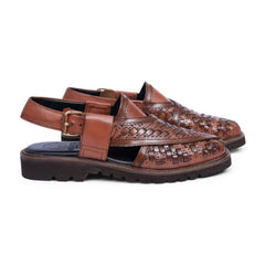 Pair of Khyber 12 Burnished Cognac Weave leather Peshawari sandals with handcrafted woven upper