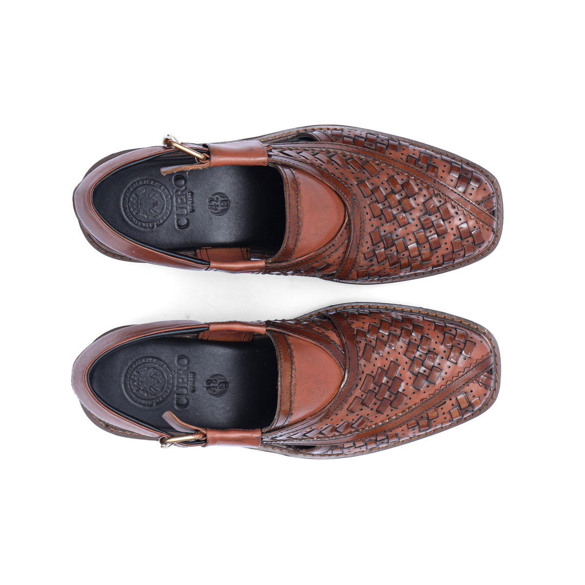 Top view of Khyber 12 Burnished Cognac Peshawari sandals showing woven upper and square toe