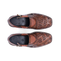 Top view of Khyber 12 Burnished Cognac Peshawari sandals showing woven upper and square toe