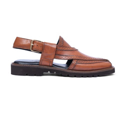 Side view of Khyber 14 Antique Tan Heritage Peshawari sandal with decorative perforation and adjustable buckle