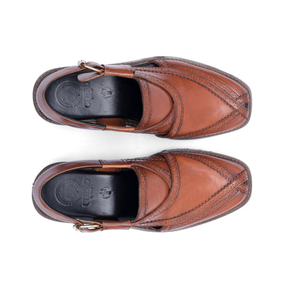 Top view of Khyber 14 Antique Tan Heritage Peshawari sandals with square toes and brogue-style detailing