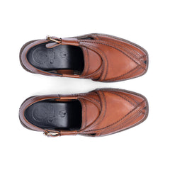 Top view of Khyber 14 Antique Tan Heritage Peshawari sandals with square toes and brogue-style detailing