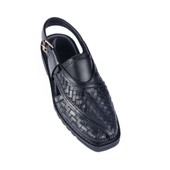 Angled view of Khyber 15 Jet Black basket-weave leather Peshawari sandal for men