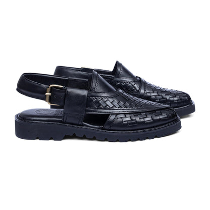 Pair of Khyber 15 Jet Black Noir Weave leather Peshawari sandals with handcrafted woven upper