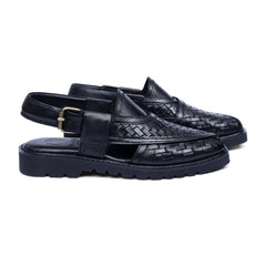 Pair of Khyber 15 Jet Black Noir Weave leather Peshawari sandals with handcrafted woven upper