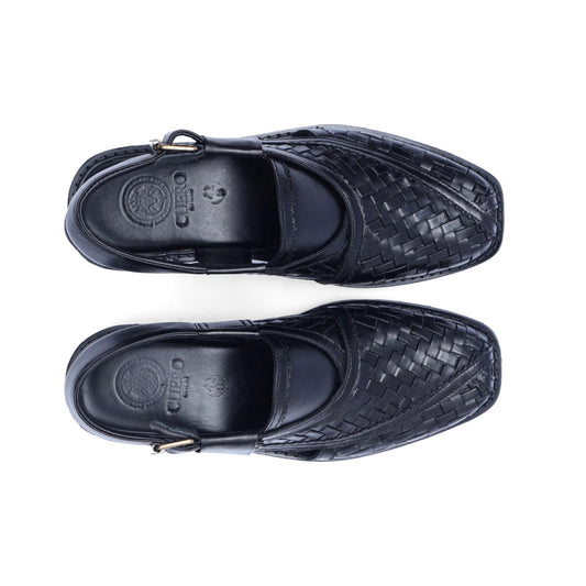 Top view of Khyber 15 Jet Black Peshawari sandals showing basket-weave upper and square toe