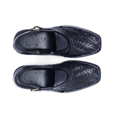 Top view of Khyber 15 Jet Black Peshawari sandals showing basket-weave upper and square toe