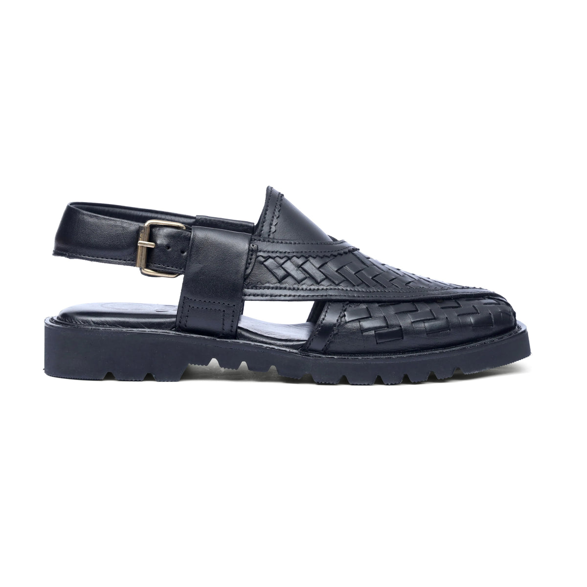 Side view of Khyber 15 Jet Black woven leather Peshawari sandal with adjustable buckle strap