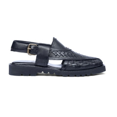 Side view of Khyber 15 Jet Black woven leather Peshawari sandal with adjustable buckle strap
