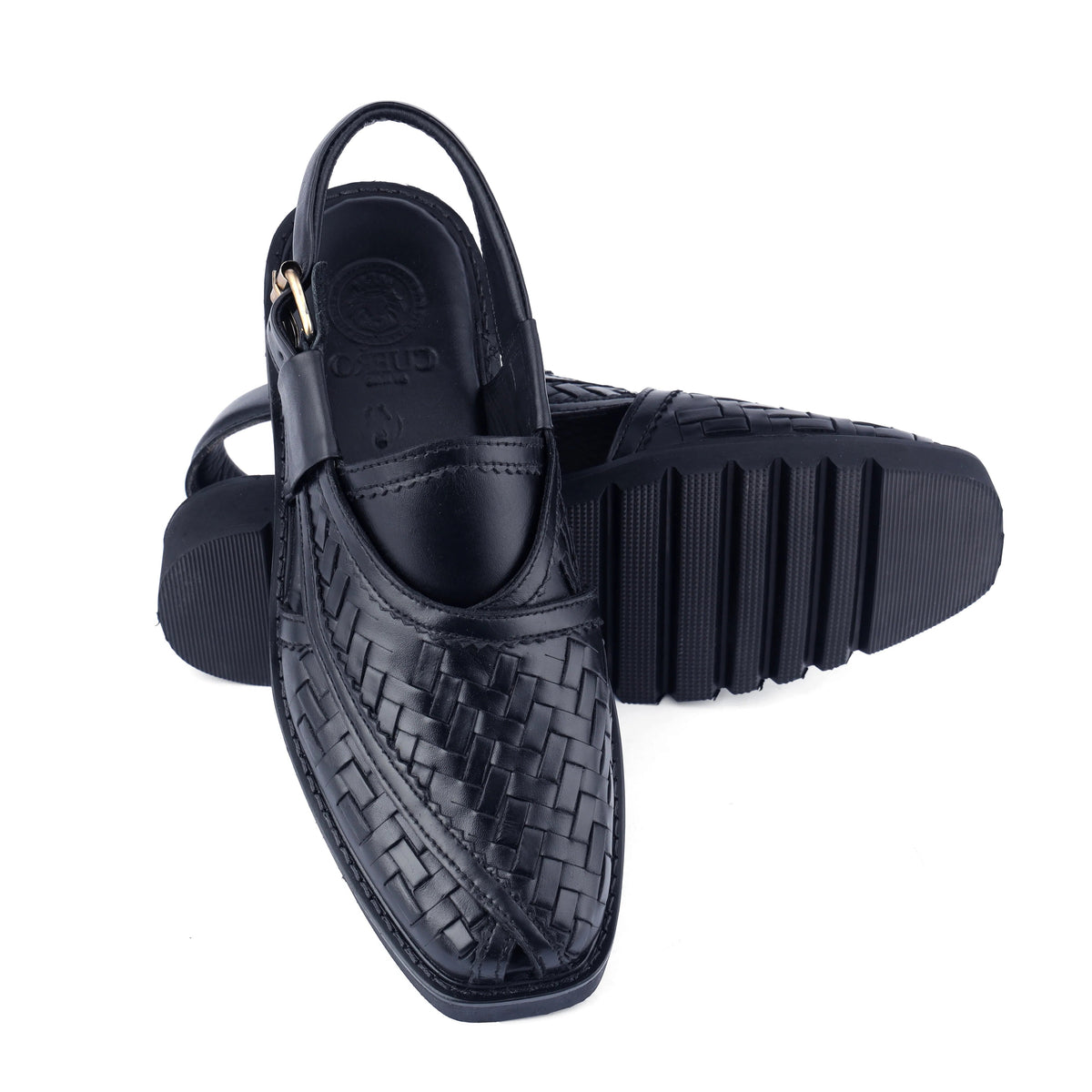 Khyber 15 Jet Black woven Peshawari sandals showing leather upper and durable tread outsole